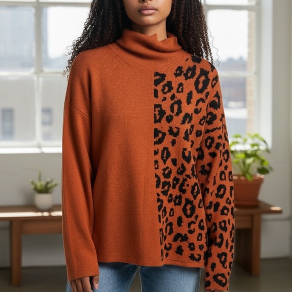 Orange Leopard Print Turtleneck Sweater with peal buttons on sleeves - Picture 1 of 4